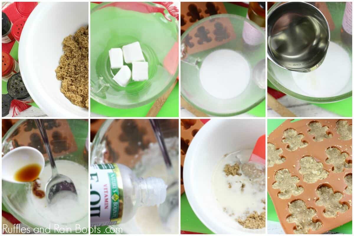 image collage of how to make a gingerbread sugar scrub recipe