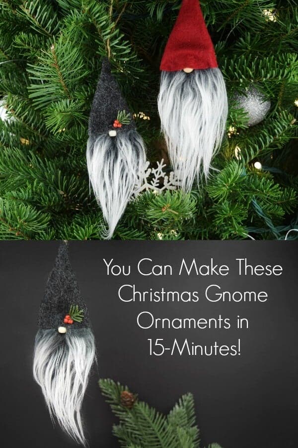 Split vertical image of DIY gnome ornaments hanging with text which reads you can make these Christmas gnome ornaments in 15 minutes.