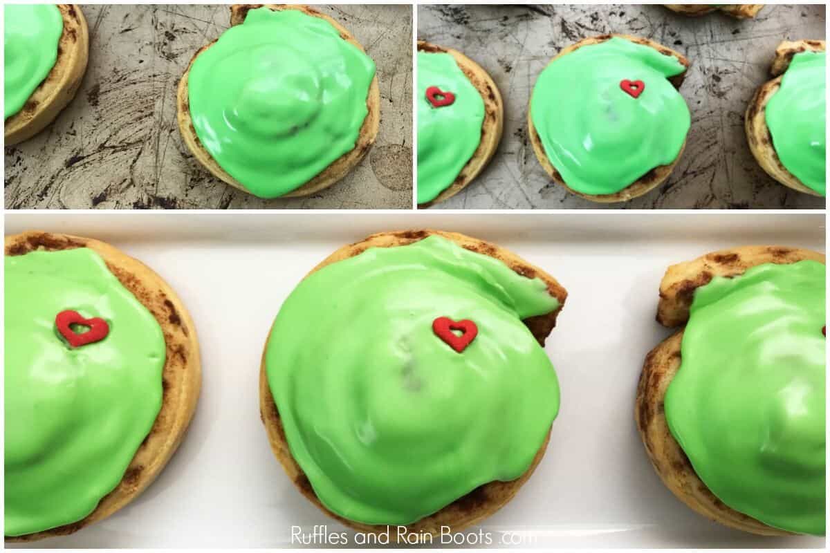 photo collage of how to make and assemble this easy Grinch cinnamon rolls recipe for a holiday breakfast