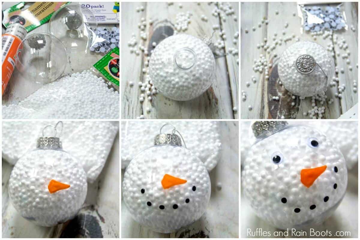 Photo collage of step by step tutorial for a snowman ornament craft