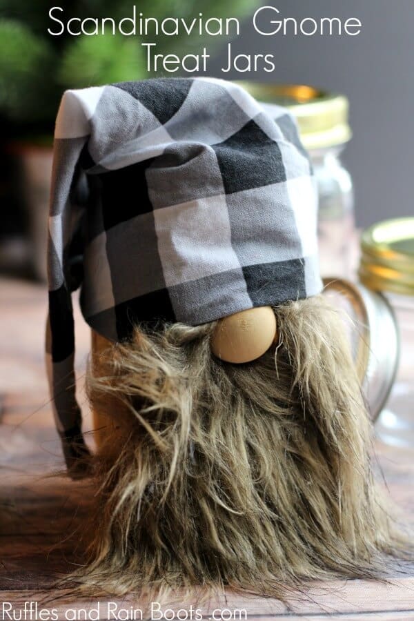 mason jar gnome with buffalo check slouchy hat pattern and a faux fur beard