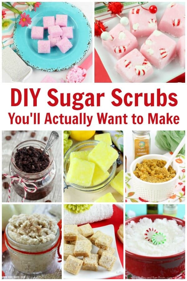 So many sugar scrubs and bath salts recipes for you to make yourself or others. Text that reads DIY sugar scrubs you'll actually want to make