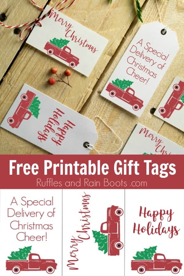 Gift tags with vintage Christmas trucks on wood background with text which reads Free Printable Gift Tags