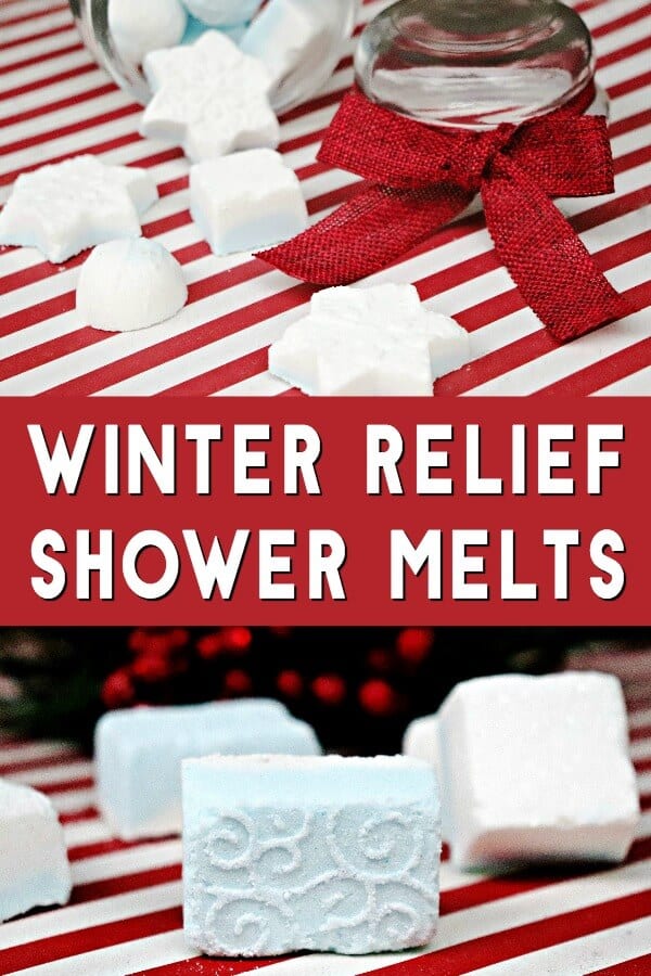 photos of winter shower melts recipe on holiday background with text which reads winter relief shower melts
