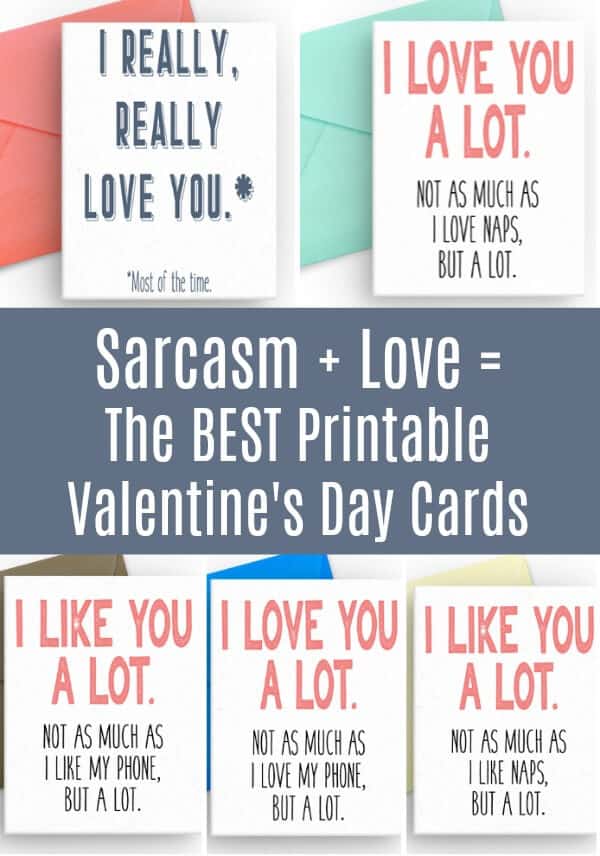 Photo collage of sarcastic printable Valentines Day cards for adults