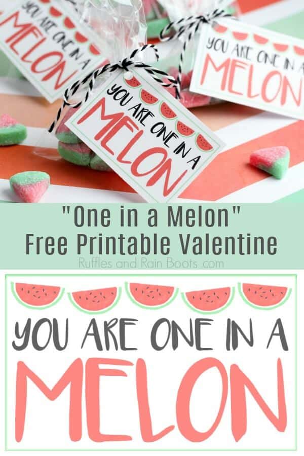 photo collage of one in a melon Valentine card with text which reads one in a melon free printable Valentine