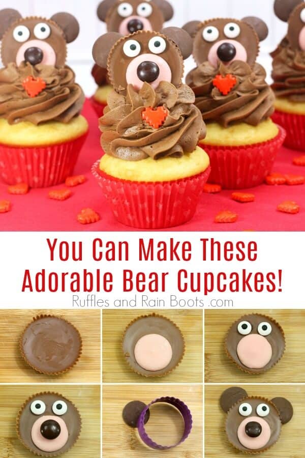 photo collage of teddy bear cupcakes on red background with text which reads You Can Make These Adorable Bear Cupcakes