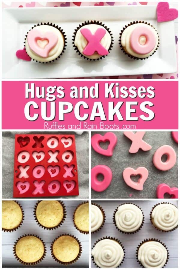 photo collage of how to make easy valentines day cupcakes with text which reads hugs and kisses cupcakes