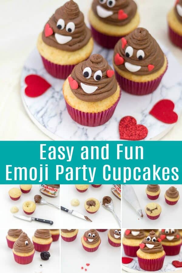 photo collage of poop emoji cupcakes with text which reads Easy and Fun Emoji Party Cupcakes