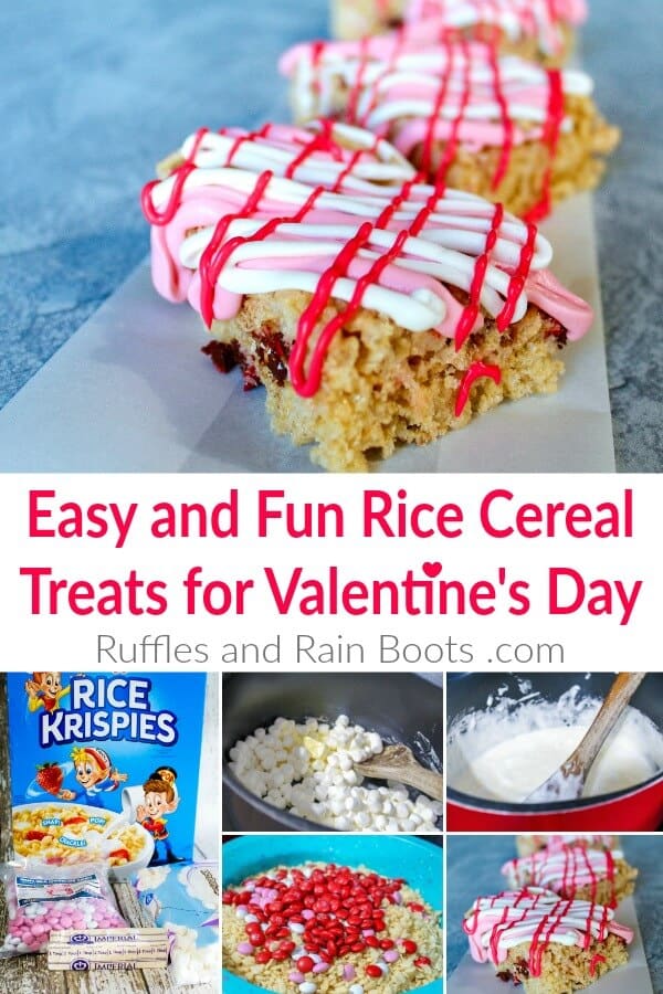 collage of decorated rice krispies treats with text which reads easy and run rice cereal treats for valentines day