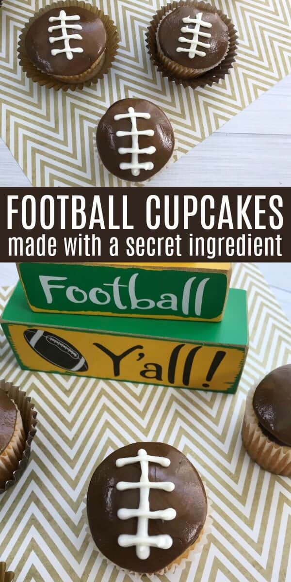 adorable game day dessert on chevron background with text which reads football cupcakes