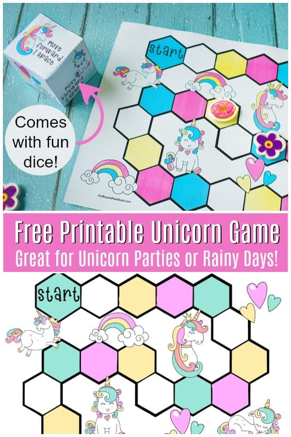 printable unicorn game with cube photo collage with text which reads Free Printable Unicorn Game great for unicorn party