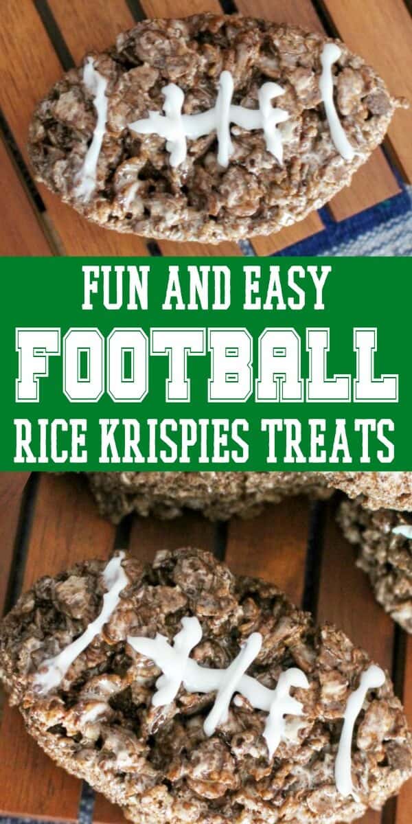 photo collage of a fun football food with text which reads fun and easy football rice krispies treats