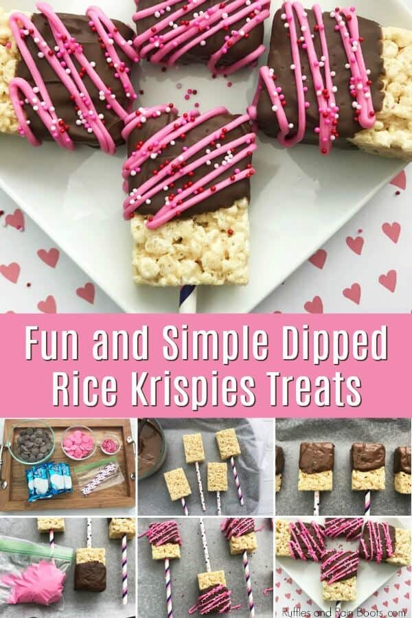 Valentines Day rice cereal treats collage with text which reads Fun and Simple Dipped Rice Krispies Treats