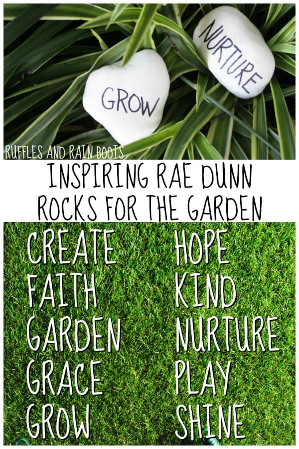 painted rocks in garden background with text which reads inspiring rae dunn rocks for the garden
