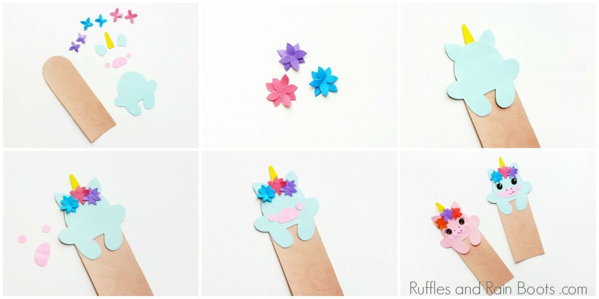 Photo collage of how to make a unicorn bookmark