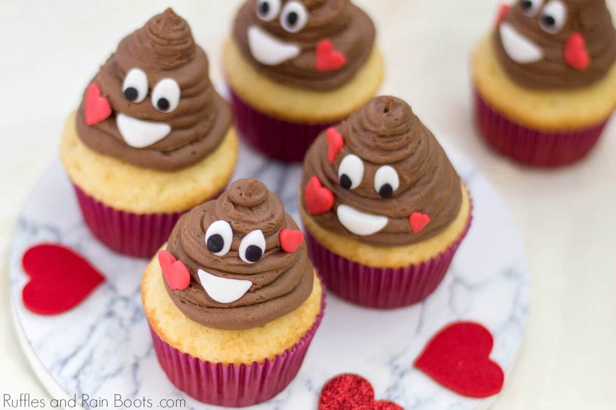 close up of poop emoji cupcakes with hearts for a Valentine's Day cupcake idea