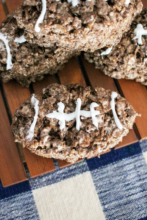 easy football game food idea for kids - football shaped rice krispies treats