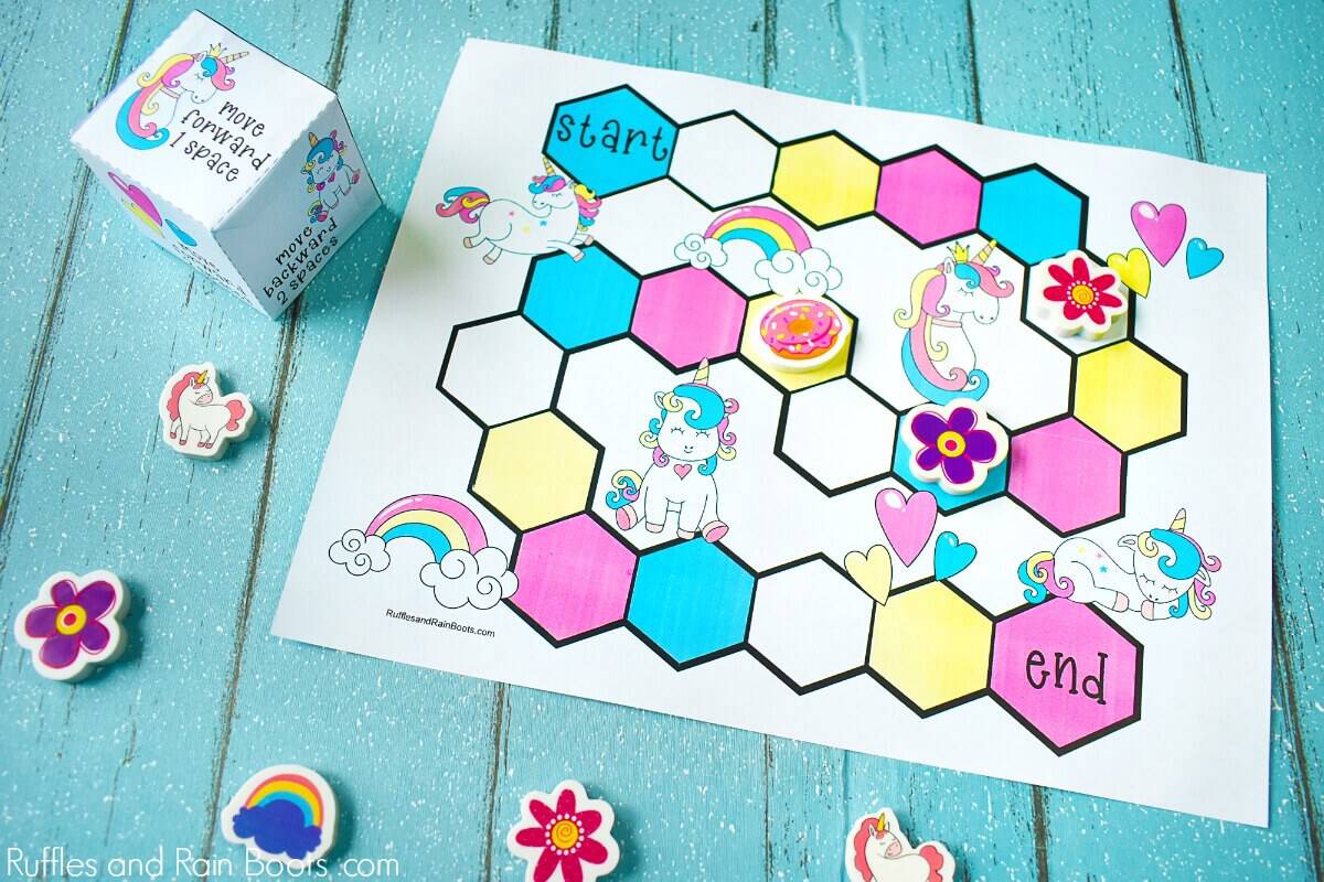 Free Printable Unicorn Party Game on blue wood background