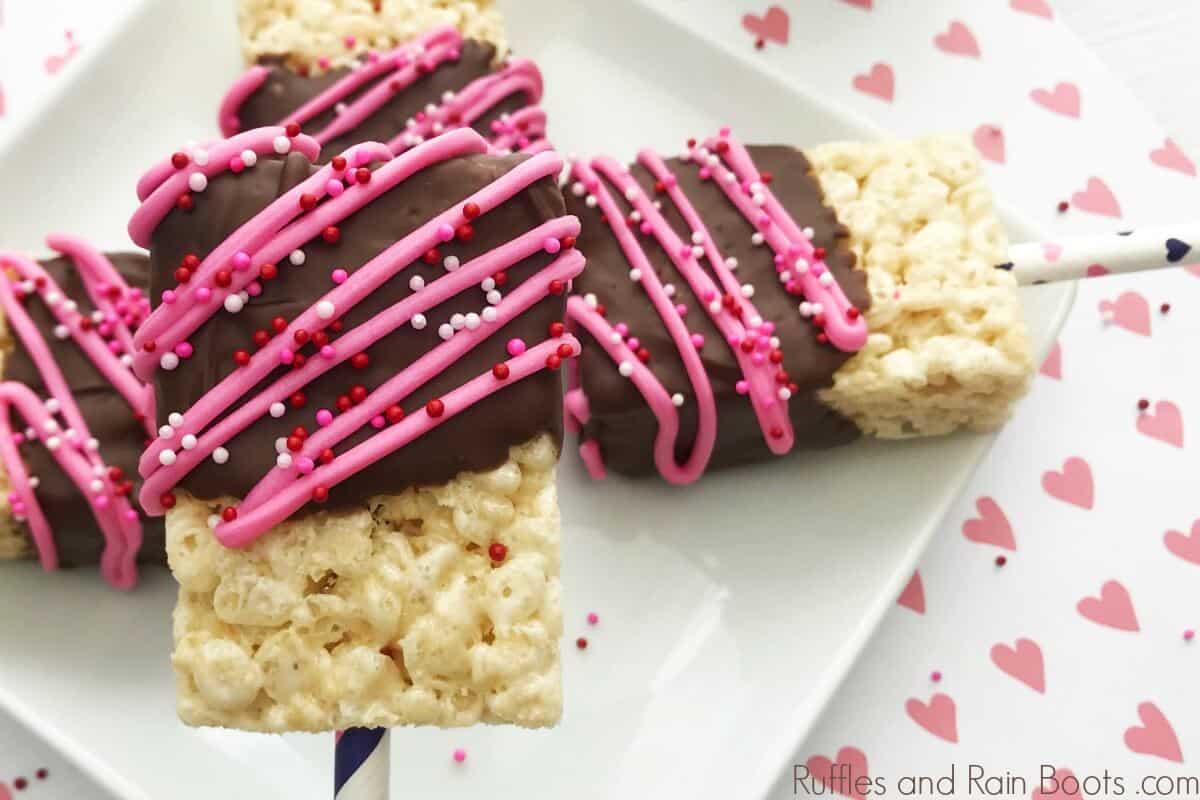 Valentines Day rice cereal treats dipped in chocolate
