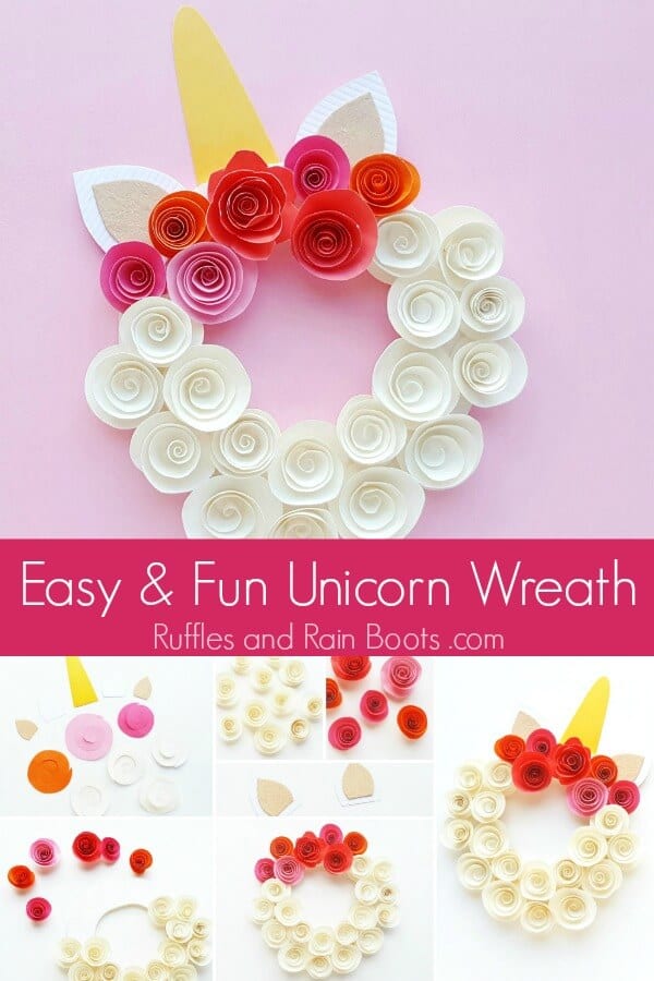 rolled flowers unicorn wreath on pink background with text which reads easy and fun unicorn wreath