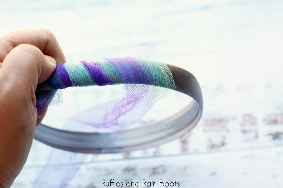 1 - wrap headband with teal and purple tulle and secure with glue