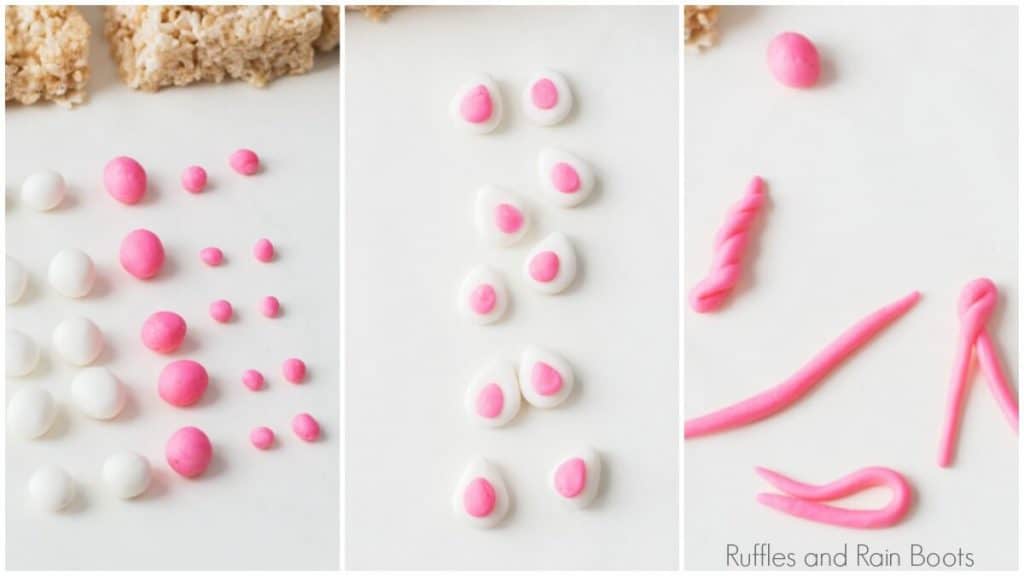 step by step pictures showing how to use fondant for these unicorn Rice Krispies