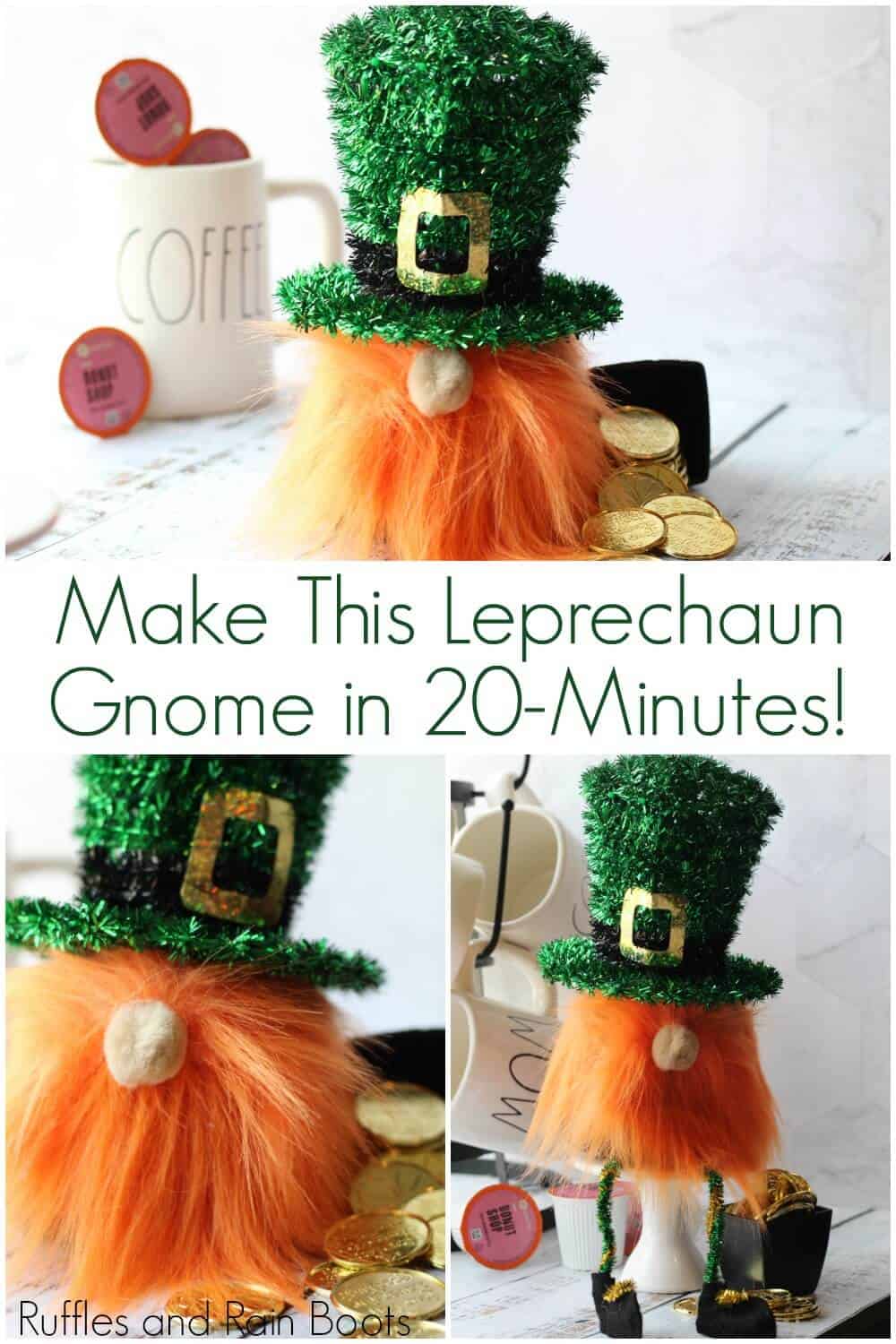 photo collage of St Patricks Day gnome with text which reads Make this leprechaun gnome in 20 minutes