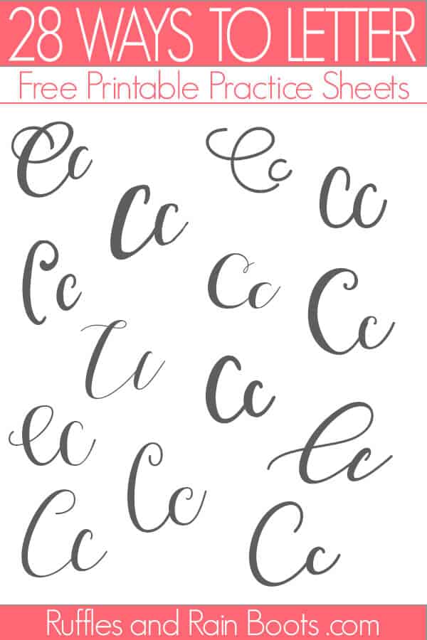 Image of 28 ways to letter C brush lettering practice sheets.