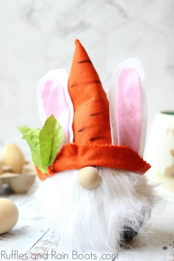 close up of Easter bunny gnome with felt and no sewing