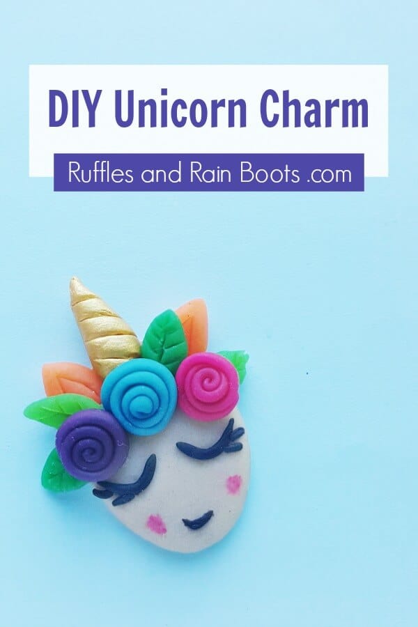 adorable unicorn craft on blue background with text which reads diy unicorn clay charm