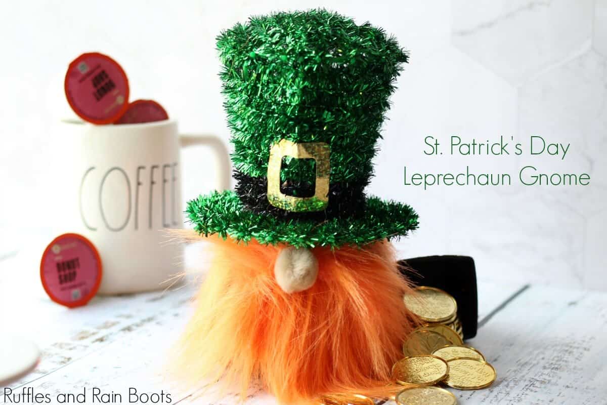 Leprechaun Gnome for St Patricks Day on white background with Rae Dunn coffee mug