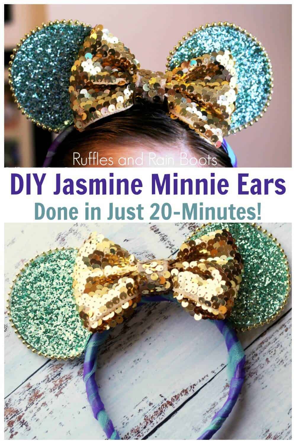 photo collage of Jasmine Minnie Mouse ears with text which reads diy Jasmine minnie ears