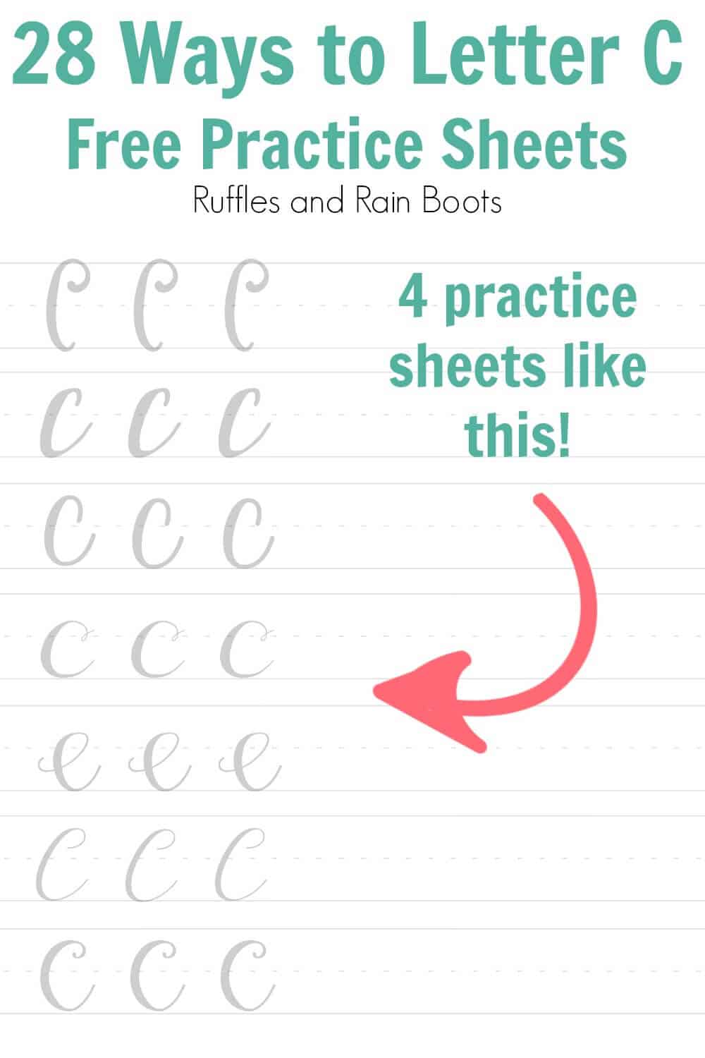 Example image of the printable ways to letter C free brush lettering practice sheets with large pink arrow.