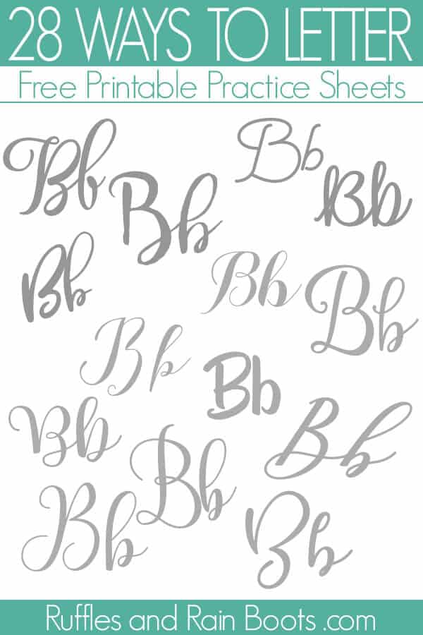 Image of 28 ways to letter B brush lettering practice sheets.