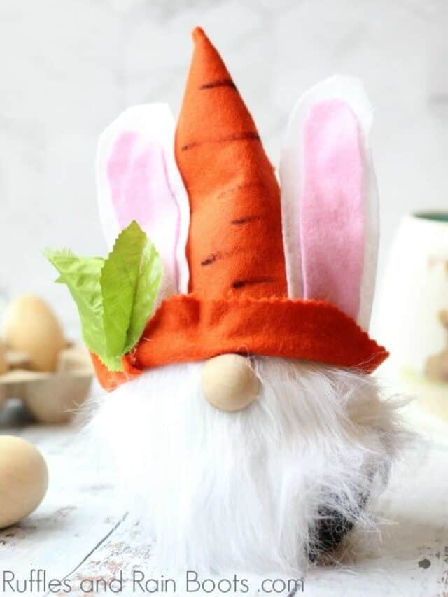 Easter Gnome with bunny ears and furry white beard in front of wood egg background.