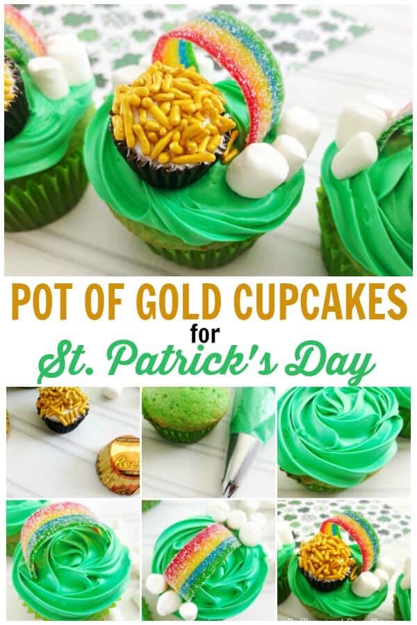 vertical stacked image of a step by step instruction and full easy cupcake recipe on bottom and completed festive cupcake on top with text which reads pot of gold cupcakes for St Patricks Day