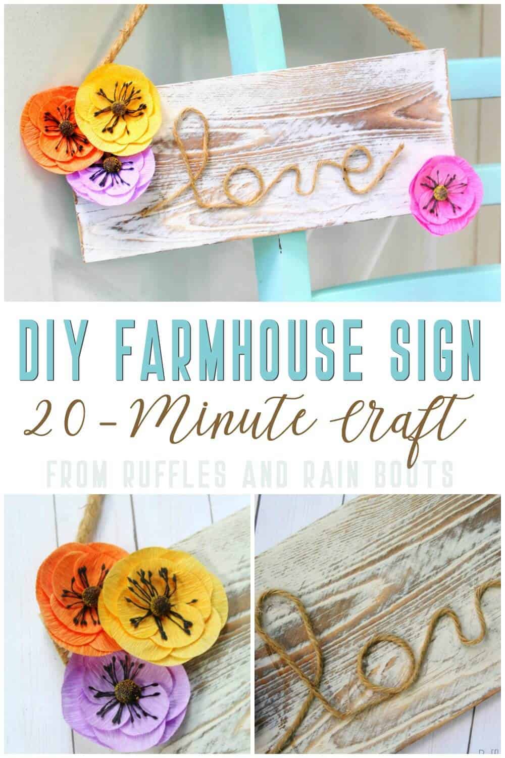 photo collage of farmhouse craft idea of the farmhouse sign for spring with text which reads DIY Farmhouse Sign 20-Minute Craft