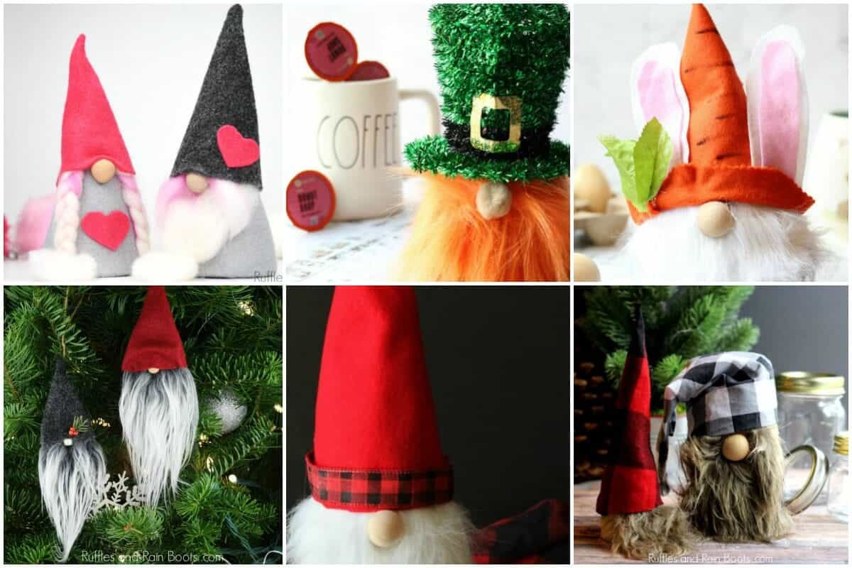 Six image photo collage of DIY gnome tutorials with no text.