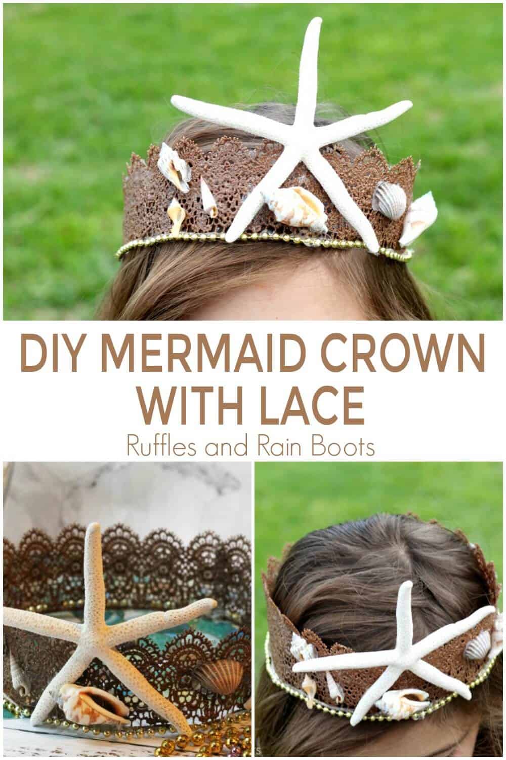 photo collage of how to make a Mermaid Crown for Costumes or Dressup with text which reads DIY Mermaid Crown with Lace