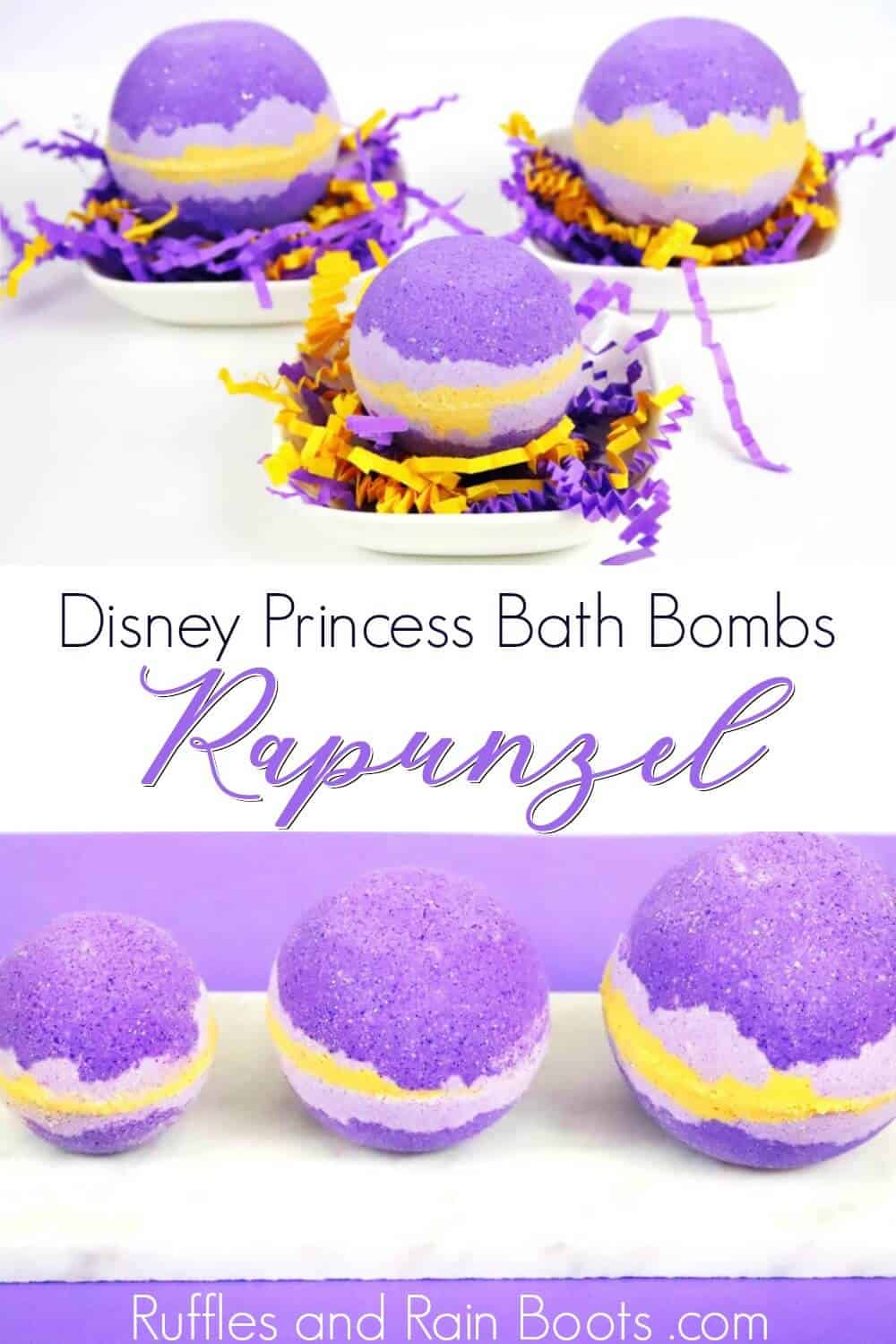 photo collage of purple bath bombs on white background with text which reads Disney princess bath bombs Rapunzel