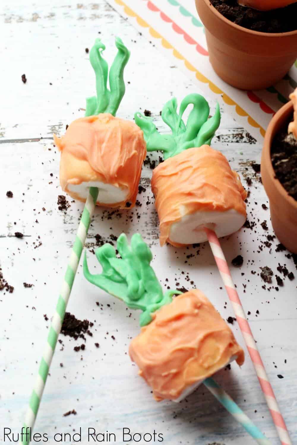 Easter marshmallow pops on a stick with a white background