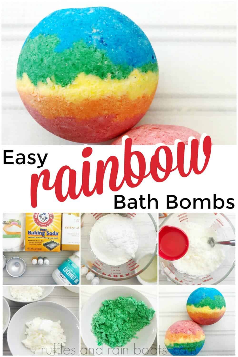 photo collage of how to make rainbow bath bombs and finished rainbow bath bomb with text which reads easy rainbow bath bombs