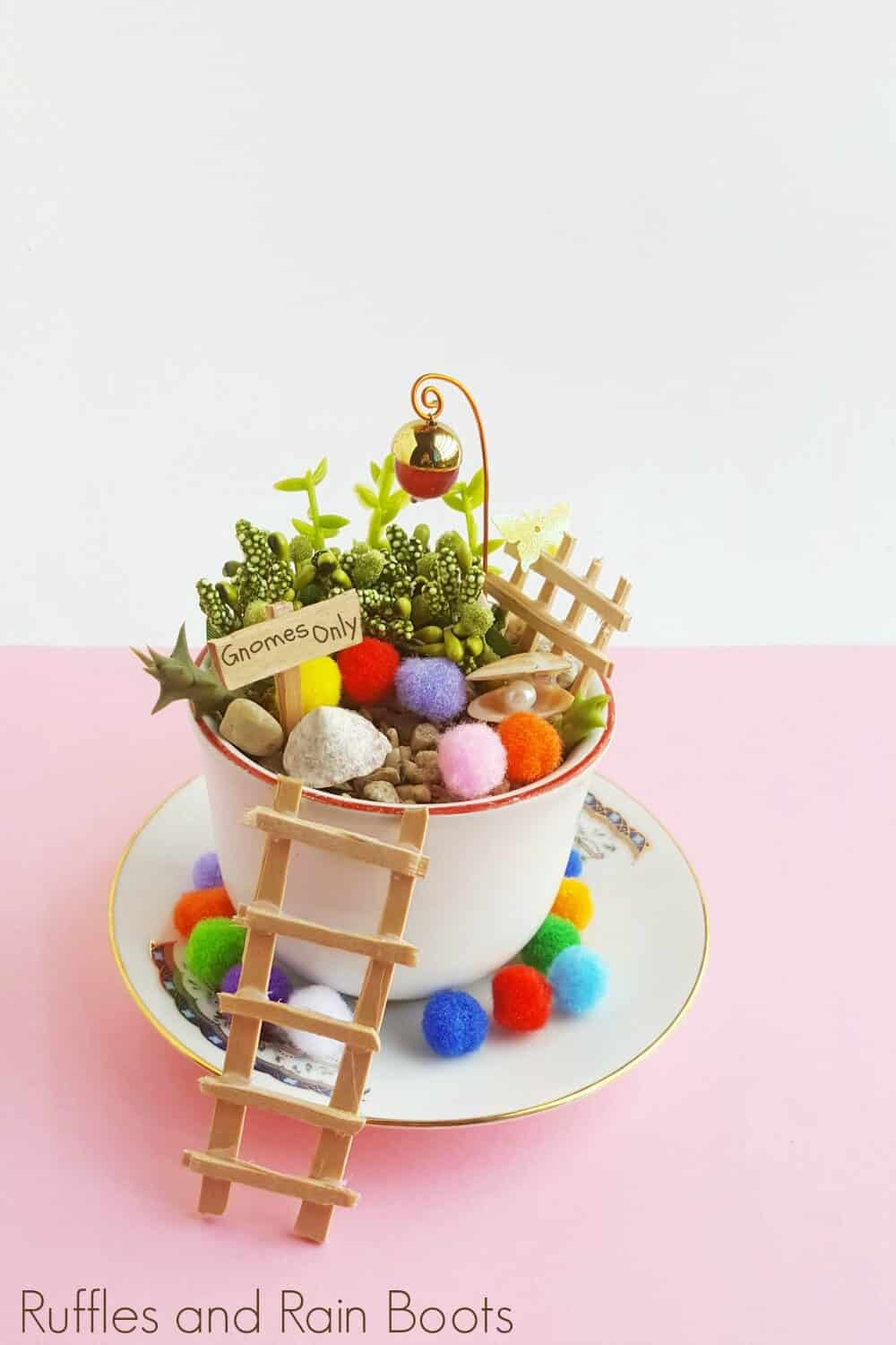 Vertical image of a spring craft idea for a gnome teacup garden on a white and pink background.