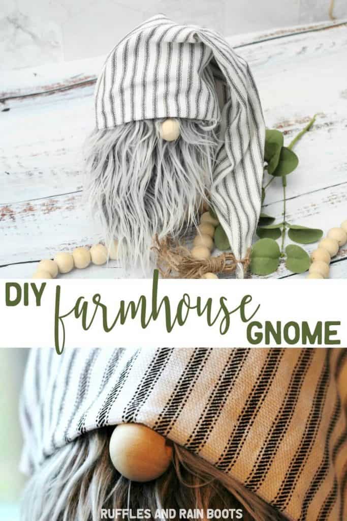 photo collage of adorable no sew gnome with text which reads diy farmhouse gnome