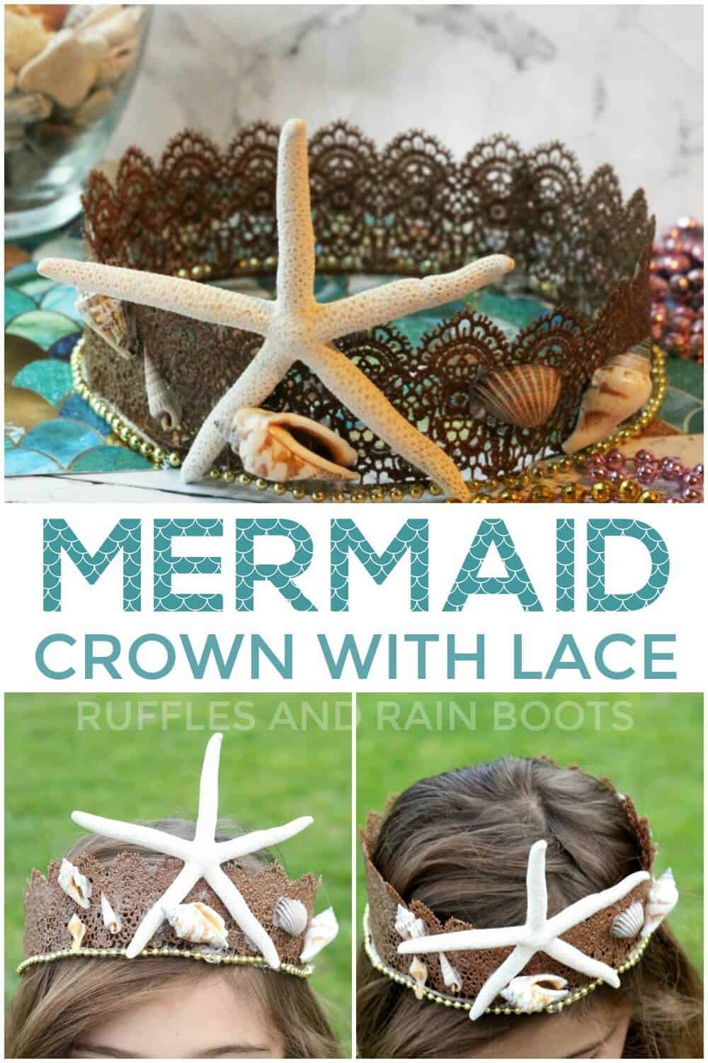 photo collage of the Mermaid Crown for Costumes or Dressup with text which reads Mermaid Crown with Lace