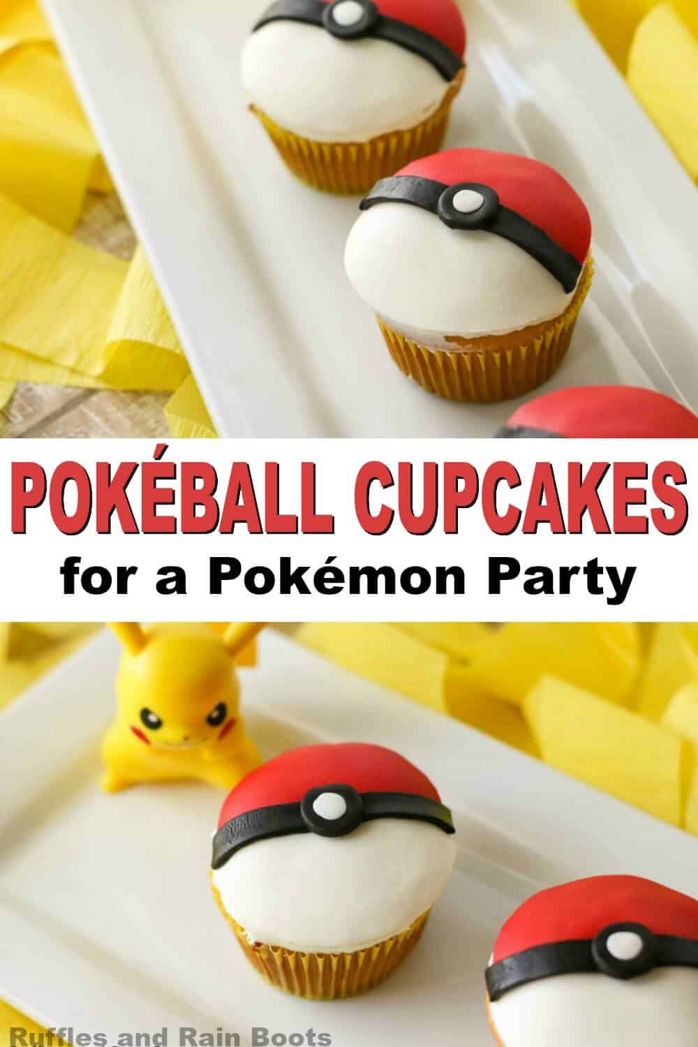 photo collage of pokemon pokeball cupcakes with text which reads pokeball cupckaes for a pokemon party
