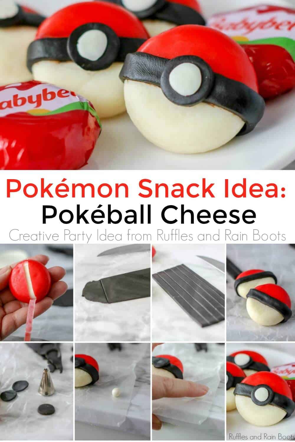 photo collage of pokeball cheese snack with text which reads pokeball snack idea: pokeball cheese