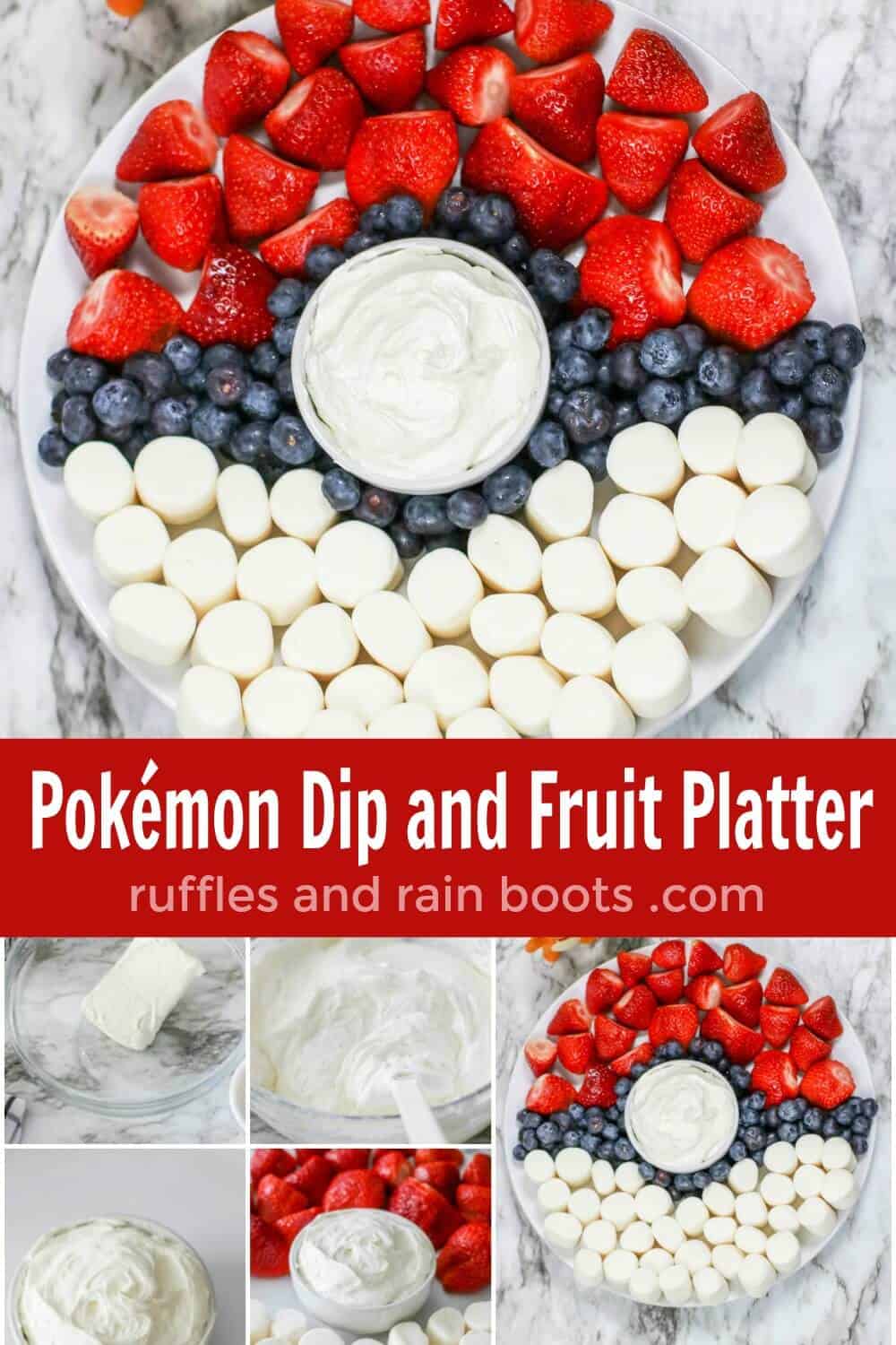 Photo collage of how to make a pokemon fruit tray with step by step assembly.