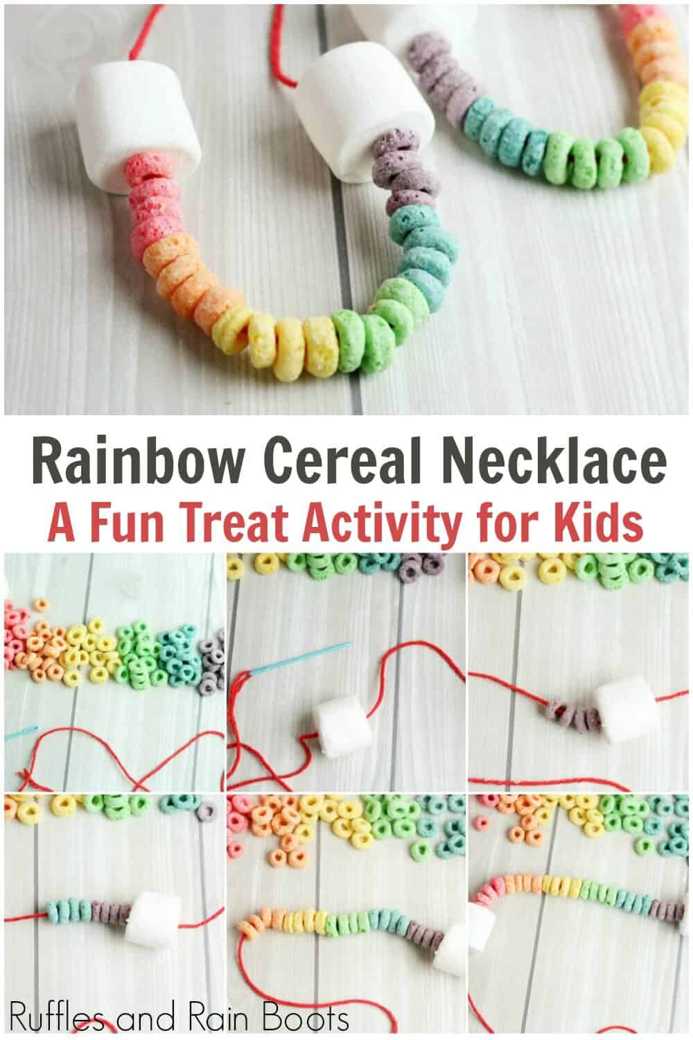 photo collage of st patricks day craft for kids with text which reads rainbow cereal necklace